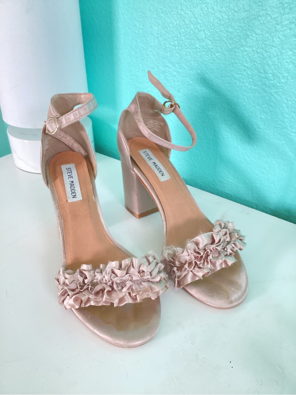 Steve Madden Pink Ruffle Satin Block Heels